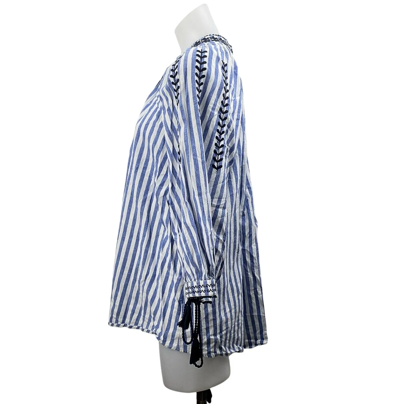 Zara Blue White Striped Embroidered Tie Neck Tassels Long Sleeve Blouse Top Sz M - Image 2