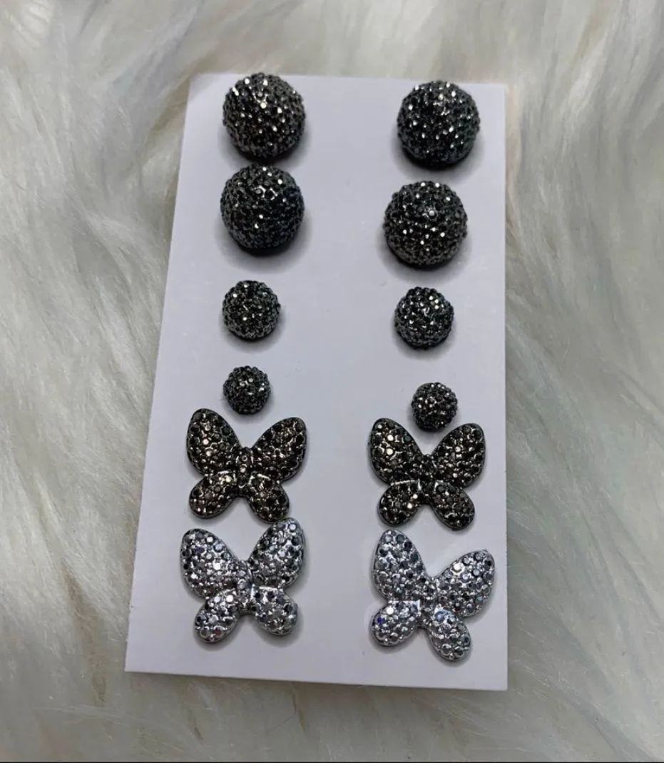 6 Butterfly & Ball Stud Earrings Dark Silver - Image 2