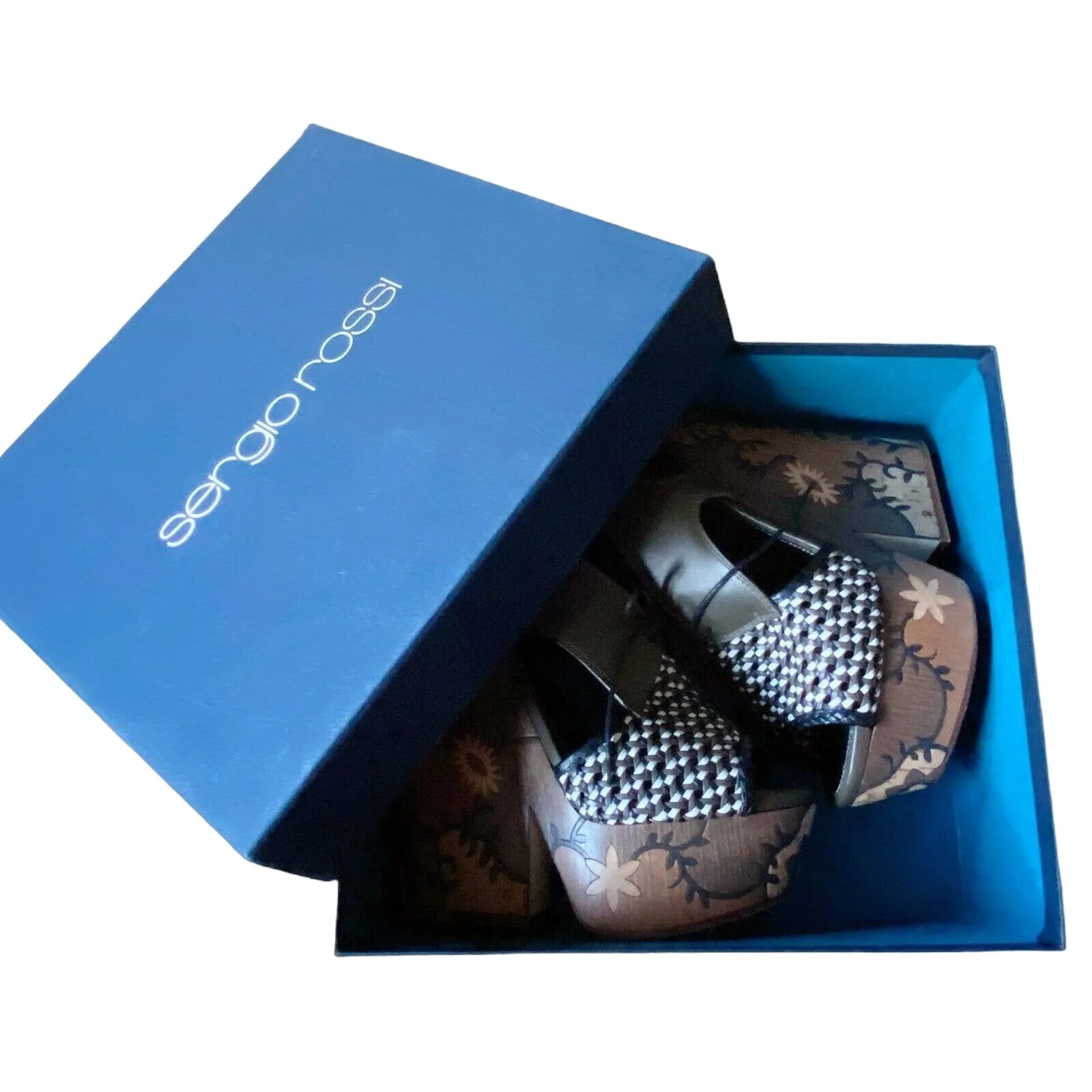 SERGIO ROSSI Atlantiques Platform Sandals Ankle Strap Block Weaved Brown EU 39 - Image 7