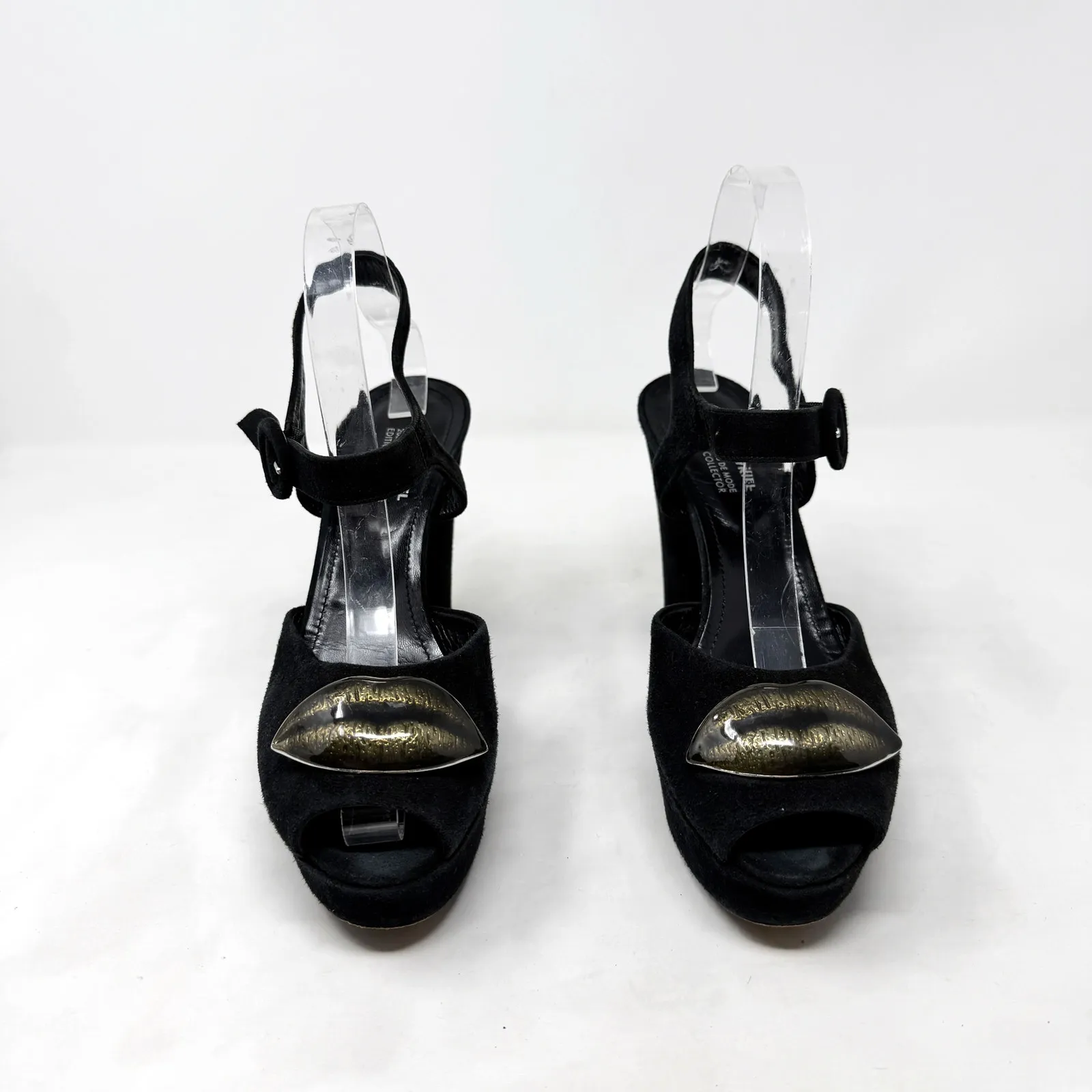 [Sonia Rykiel] Black Gold Lips Suede Leather Open Toe Platform Heels Sz 38 US 8 - Image 7