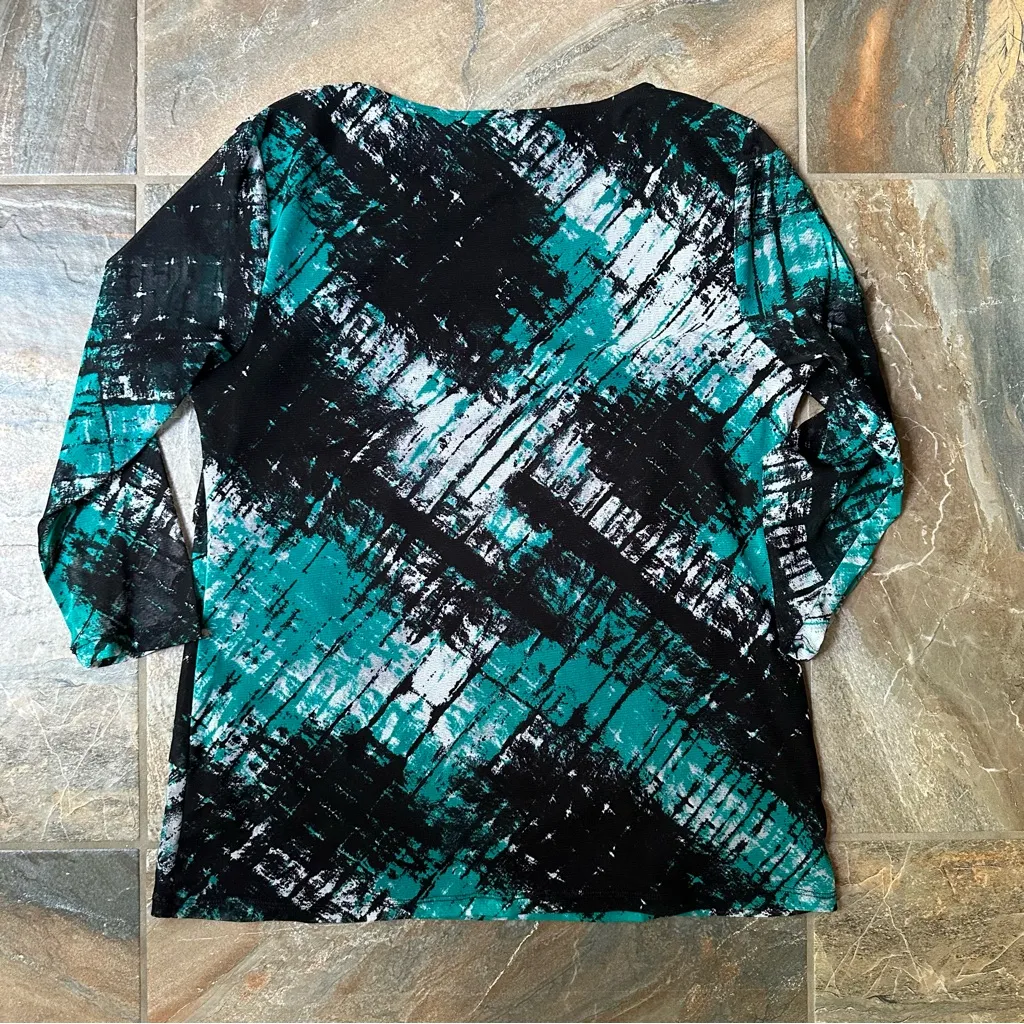 Dana Buchman Abstract Print Sheer Ruffle Blouse Women's Size Large 3/4 Sleeve - Image 4