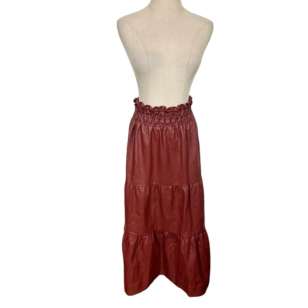 Anthropologie The Somerset Tiered Maxi Skirt: Faux Leather Edition Wine Bordeaux - Image 4