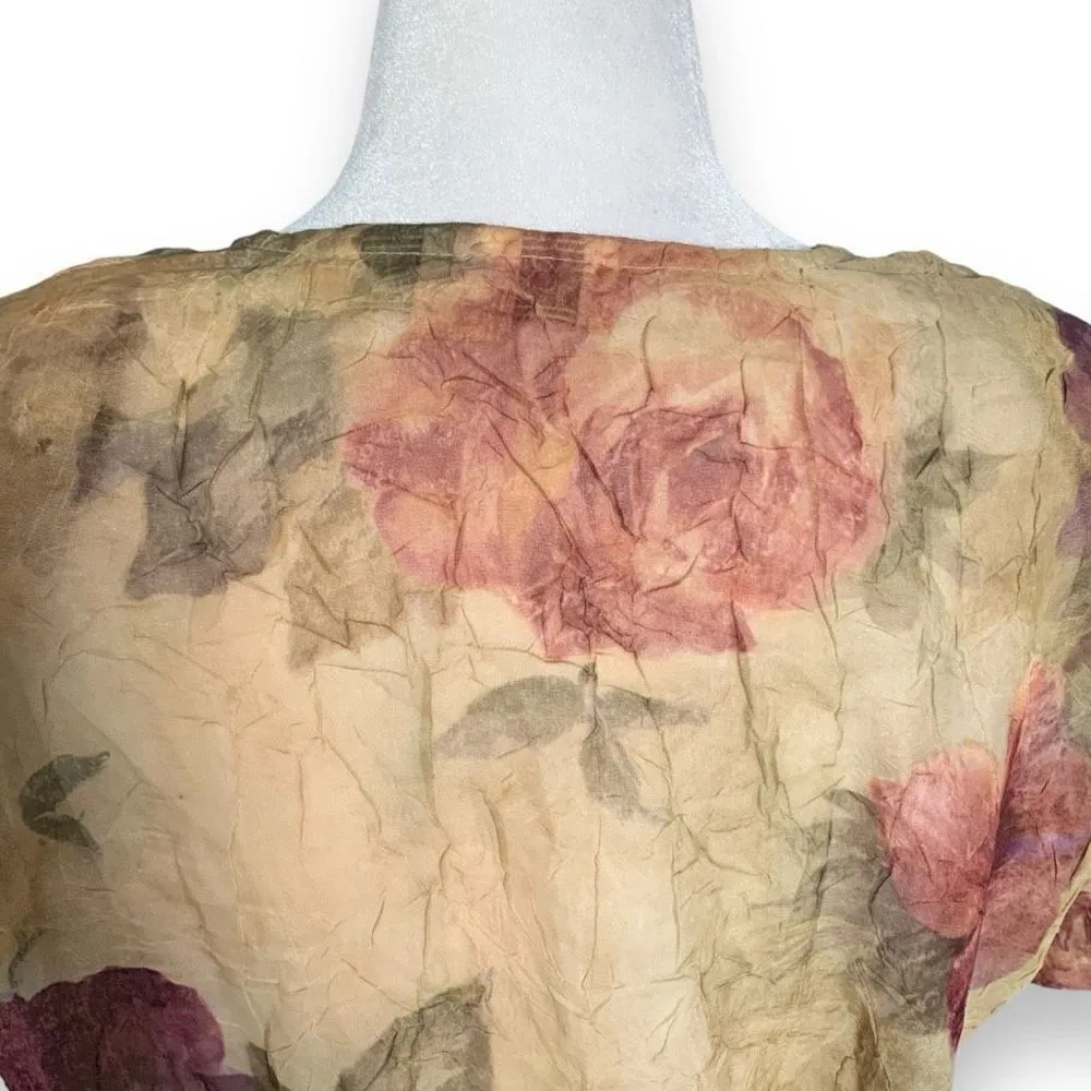 Vintage 90s Blazer Top Sheer Cream Cottage Dark Floral Short Sleeve Crinkle Pink - Image 5