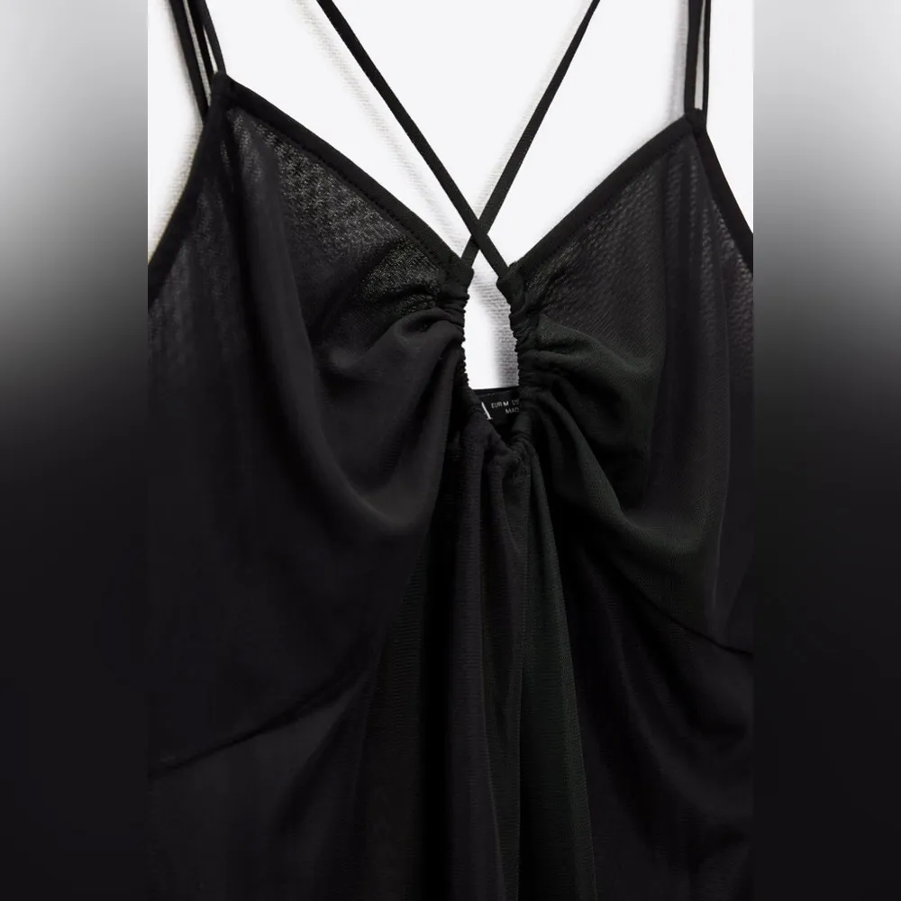 ZARA New Black Tulle Slip Midi Dress Asymmetric Hem with Spaghetti Straps Size M - Image 9