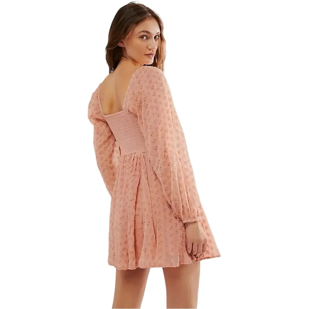 New Free People‎ Malina Mini Babydoll A-Line Eyelet Peachy Pink Boho Dress Small - Image 2