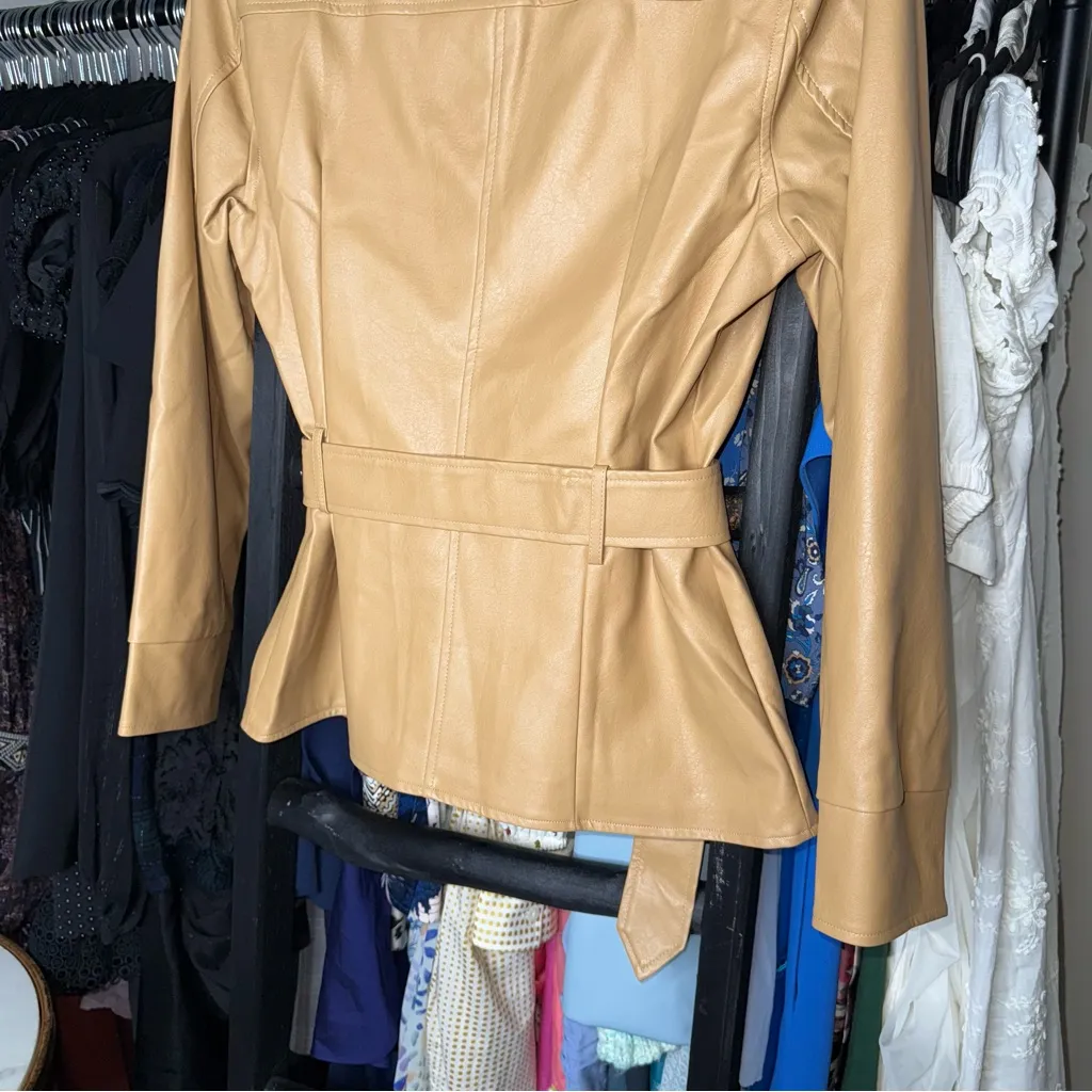 JLUXLABEL Camel Faux Leather One Button Front Belted Blazer Jacket - Image 12