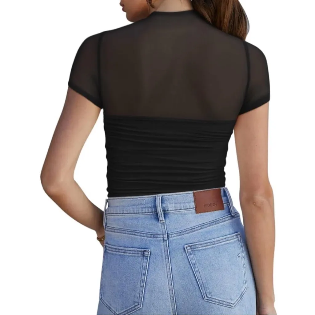 NWT REORIA Women’s Sheer Mesh Ruched Bodysuit – Medium Black - Image 2