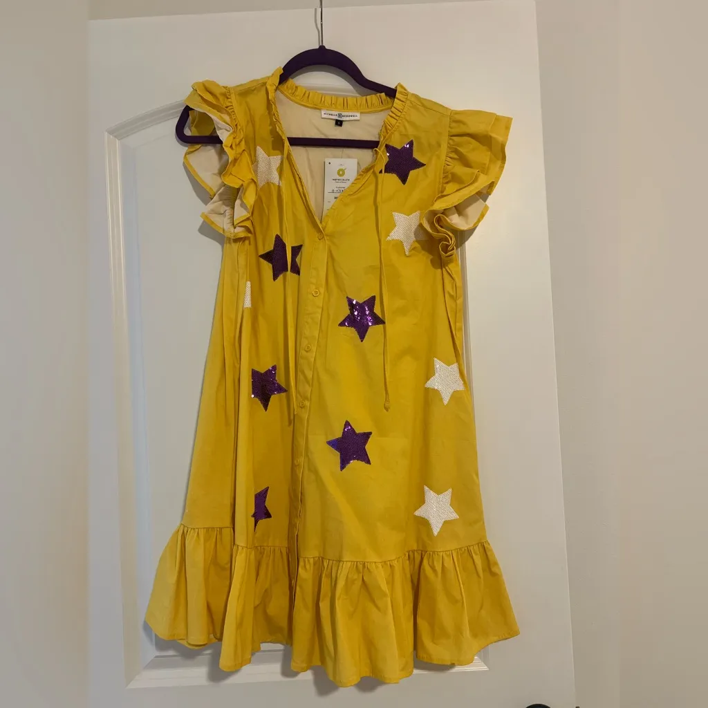 Yellow Starry Mini Dress with Ruffle Sleeves - Image 5