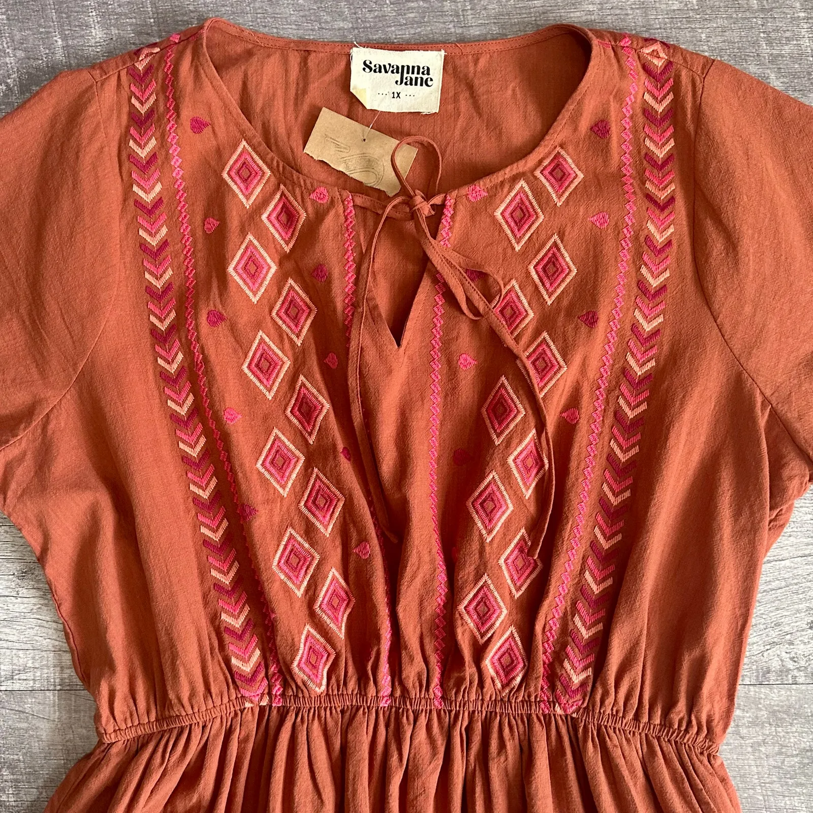 Savanna Jane NEW Rust Mini Dress Womens Plus 1X Aztec Embroidery Cinch Waist Brown - Image 2