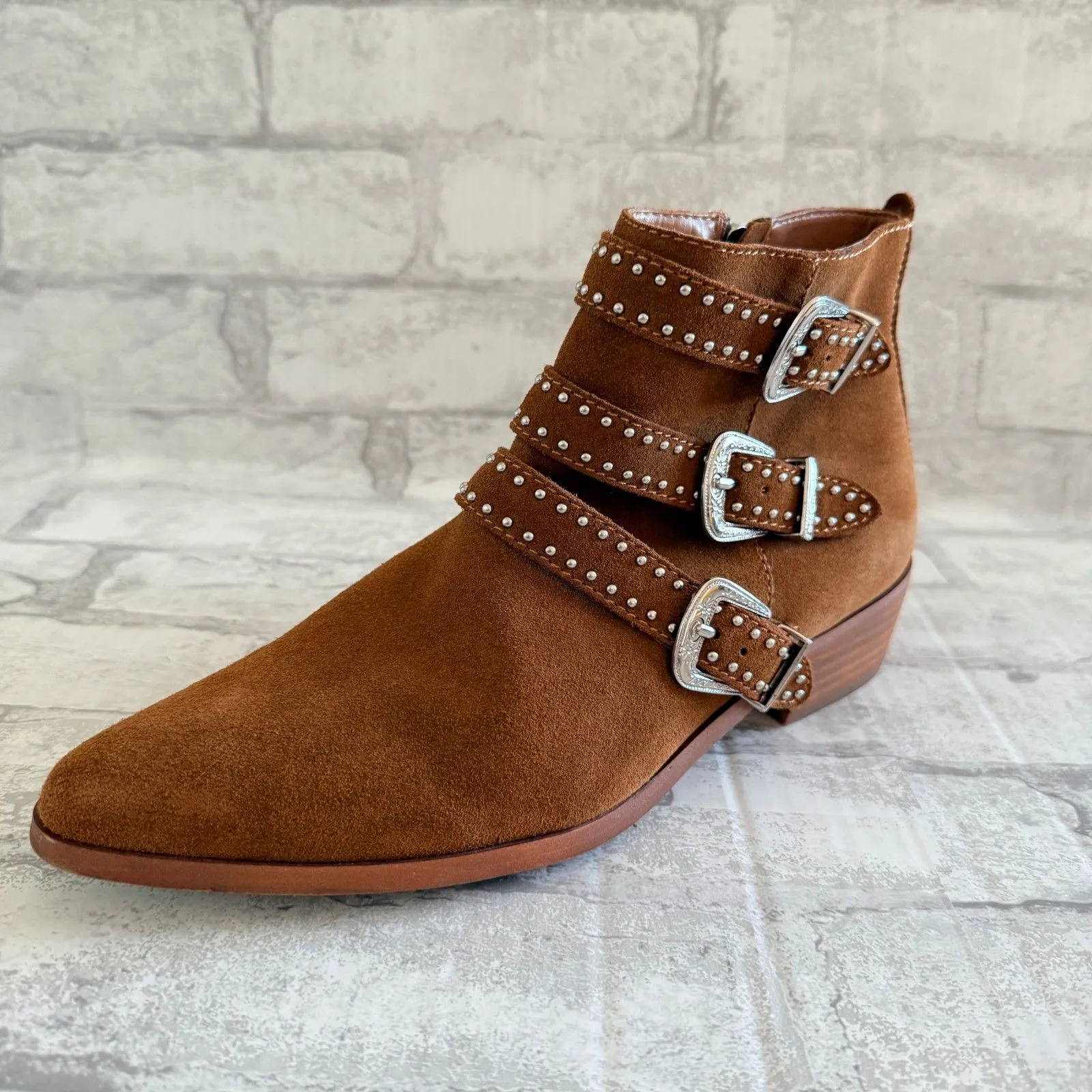 Aqua Blane Cognac Brown Studded Suede Block Heel Almond Toe Booties Sz 10M - Image 3