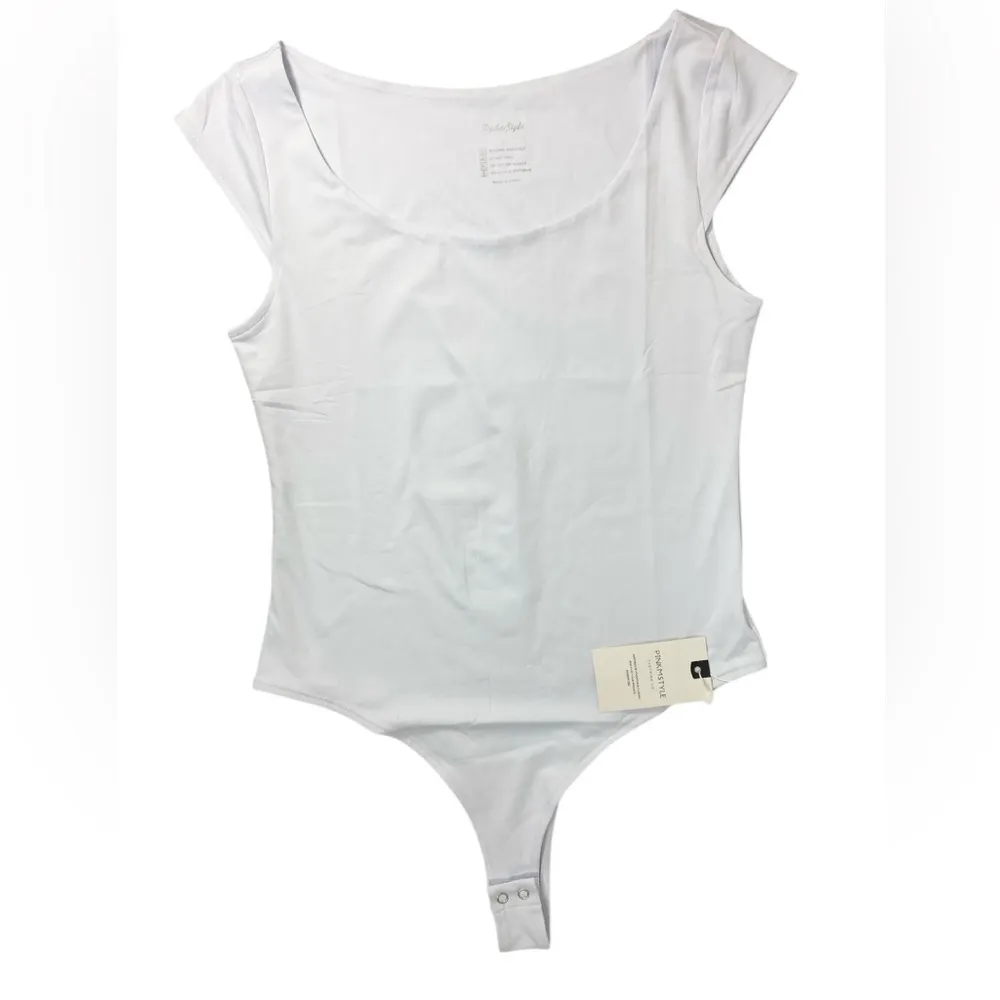Pinkstyle Clothing Co Women’s L White Cap Sleeve Scoop Neck Smooth Bodysuit Size L - Image 3