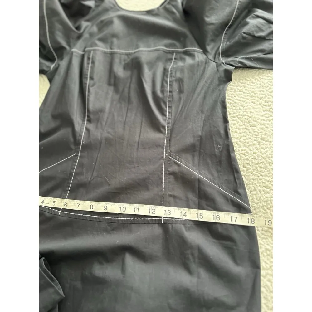 Madewell Jinni Dress Short Puff Sleeve Drop Waist Top Stitching Midi Black Sz 2 - Image 9