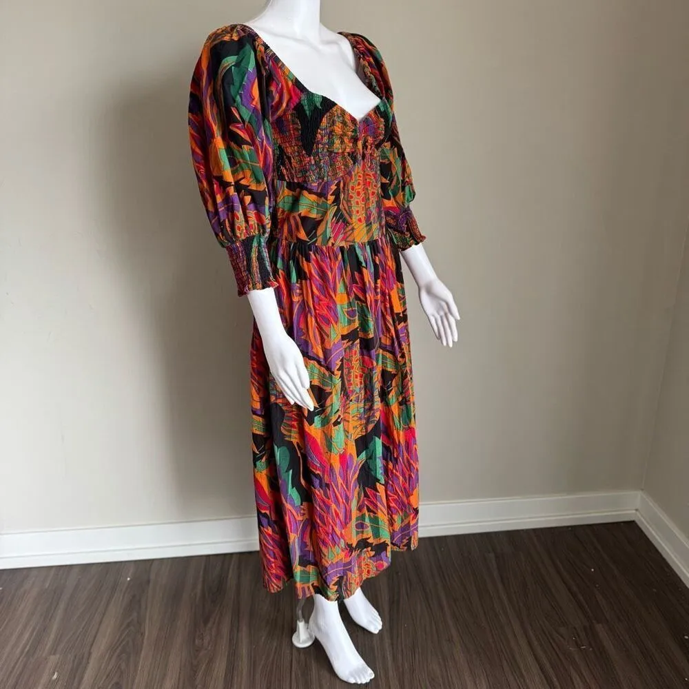 House Of Harlow 1960 Smocked Puff Sleeve Dress Size M White Lotus Purple Size M - Image 2