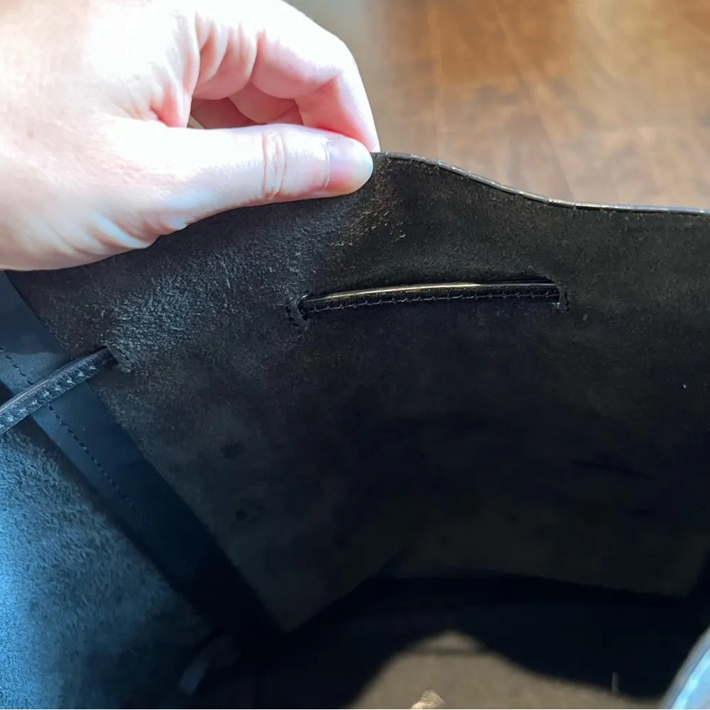 Loeffler Randall Embossed Lizard Leather Drawstring Black Bucket Tote Bag - Image 6