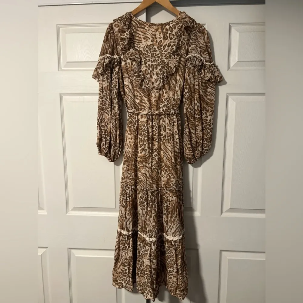 Spell the Gypsy $299 Ada Leopard Gown Midi Dress Small Bohemian Animal Print Brown - Image 4