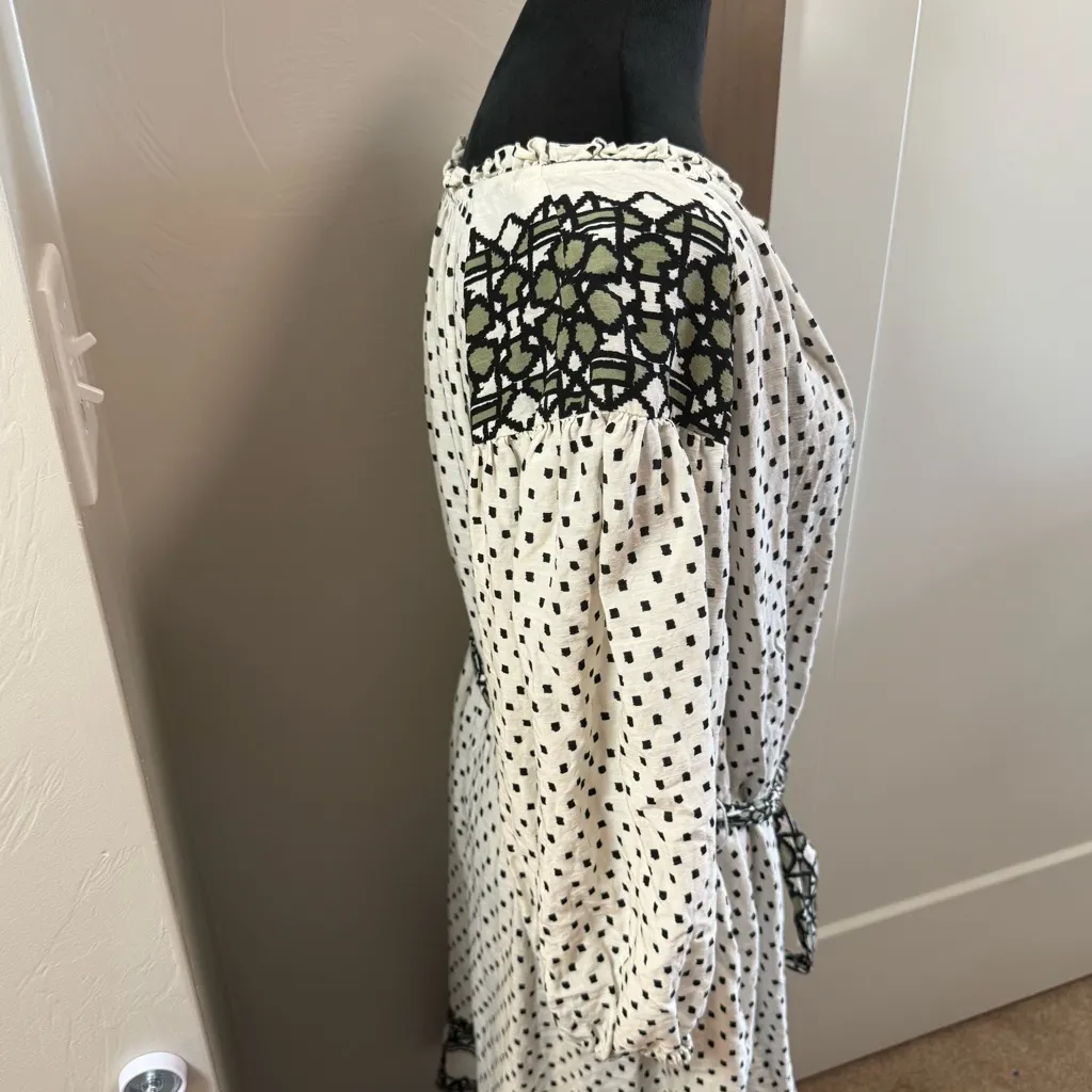 Knox Rose Black White V-Neck Embroidered Long Sleeve Tie Detail‎ Dress Milkmaid - Image 5