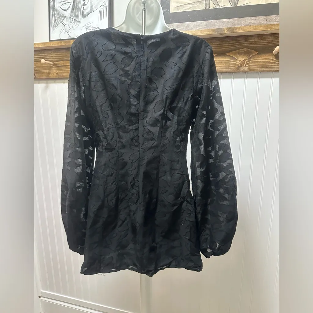 RUMER Giselle cut out mini dress sheer balloon sleeve Sz S clubbing date sexy Black - Image 2