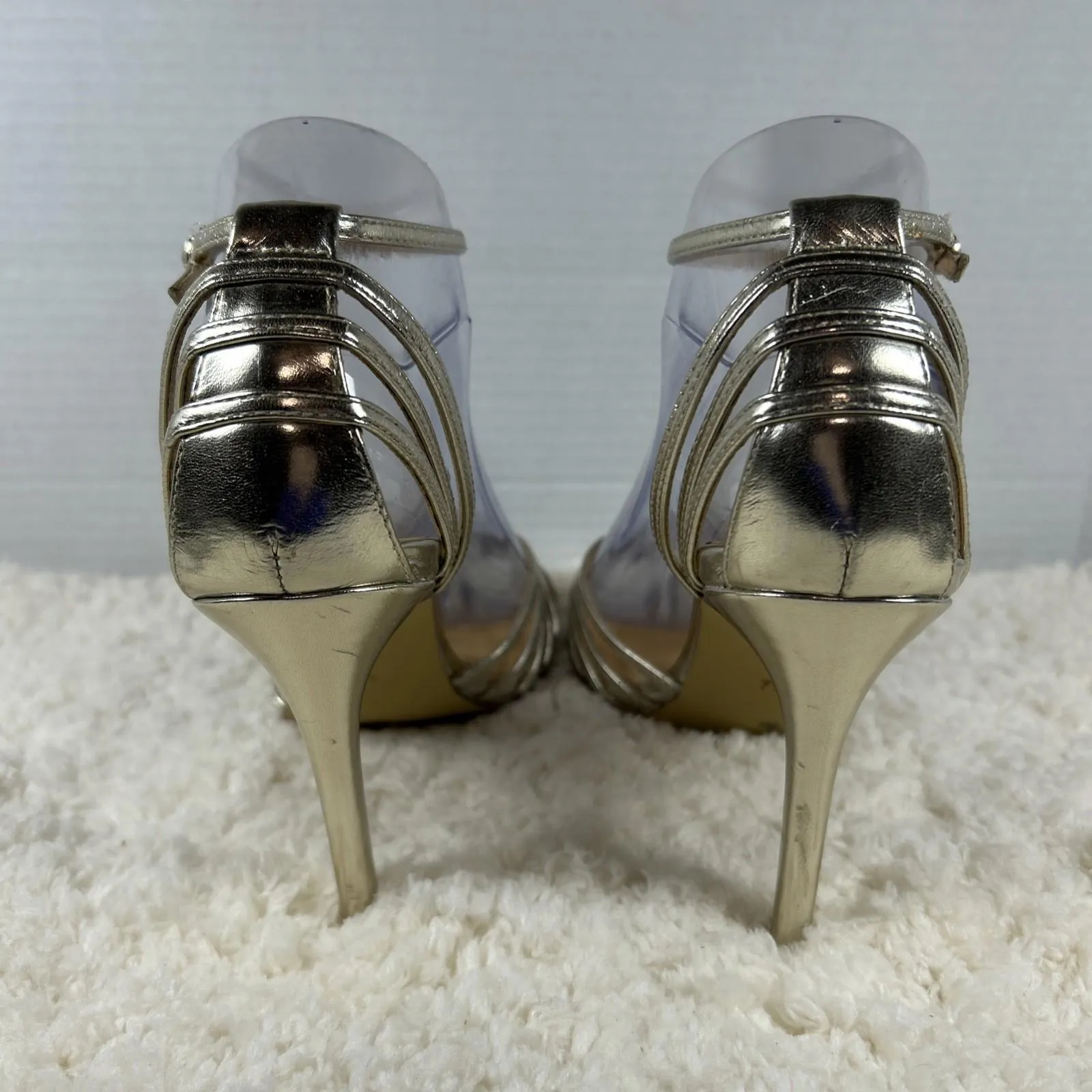 Badgley Mischka American Glamour Strappy Peep Toe High Heels Sandals Gold Sz 7.5 - Image 3