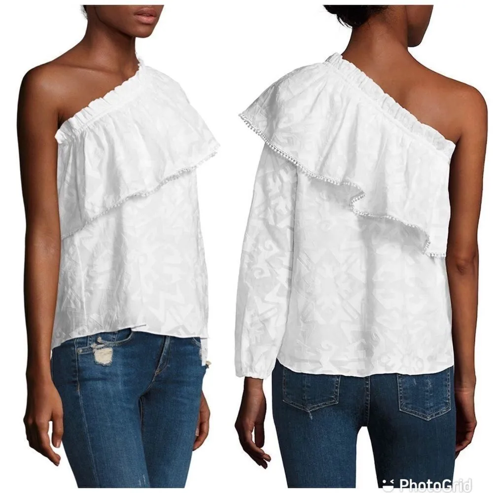 PARKER White One Shoulder Top Blouse Cotton‎ Long Sleeve Ruffle Tassel XS New - Image 3