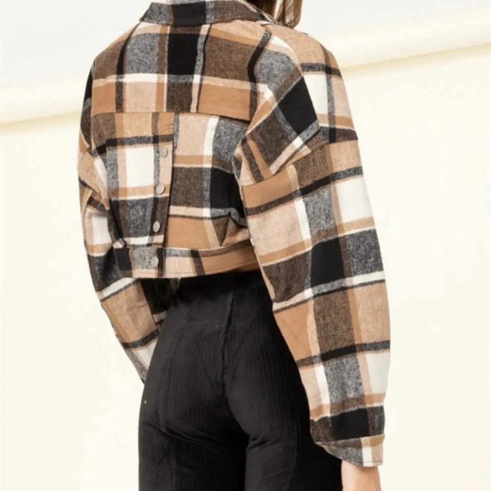 HYFVE  Size Medium Cropped Plaid Flannel Shacket Jacket Teal Tan Back Buttons - Image 5