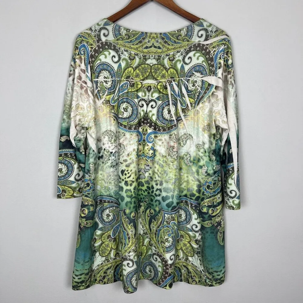 One World Tunic Top Womens 1X Green Funky Boho Velvet Front Wearable Art to Wear - Image 7