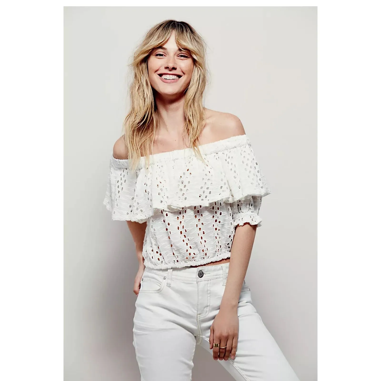 Free People 'That Girl' Eyelet Ruffle off the shoulder Crop Top in Red size S - Image 10