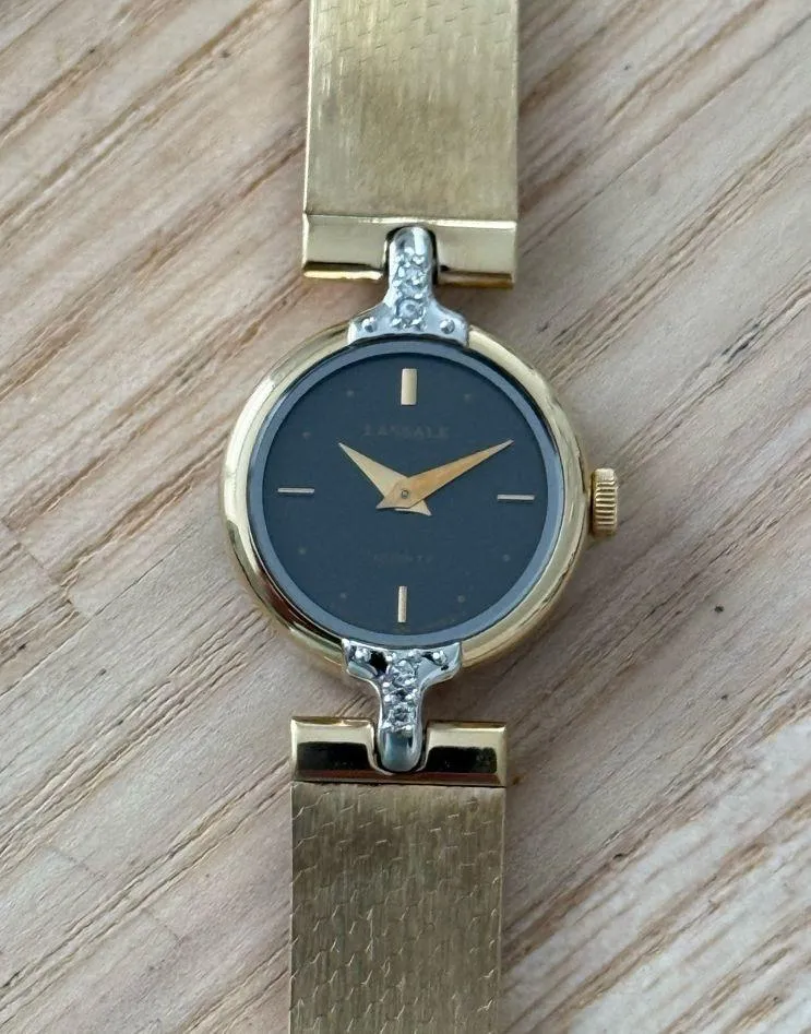 Lassale Rare Diamond Vintage Ladies Watch Gold Plated Bracelet Case Black Dial - Image 4