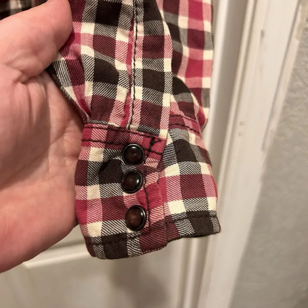 Vtg Old‎ Navy Plaid Shirt Womens Large Red  Brown Western Long Sleeve Pearl Snap - Image 7