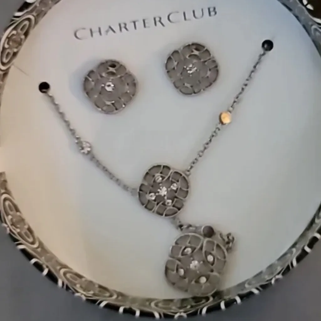 Charter Club Earrings and Pendant Set in Filigree Silvertone NIB - Image 2