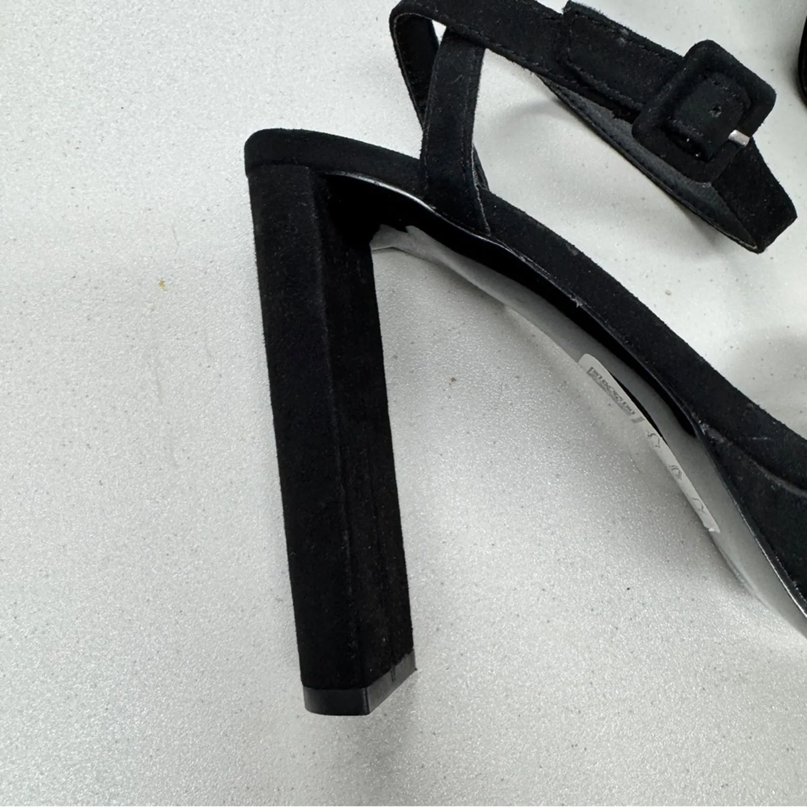 ASOS Black Suede Leather Strappy Chunky Heels Womens 8 Peep Toe Classic Preppy - Image 6