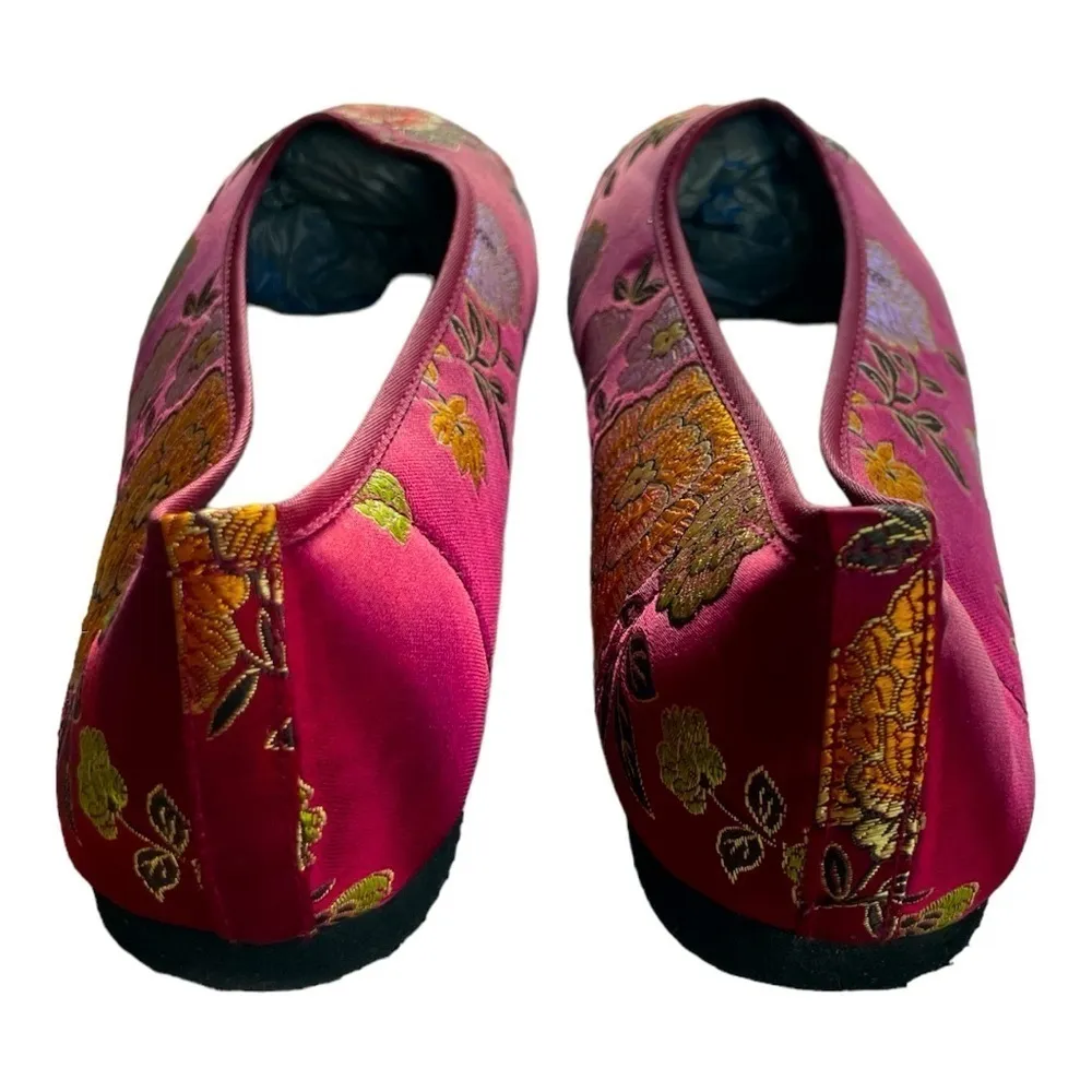 Embroidered Floral Ballet Flats Red Brocade Asian Inspired Slip - Image 4