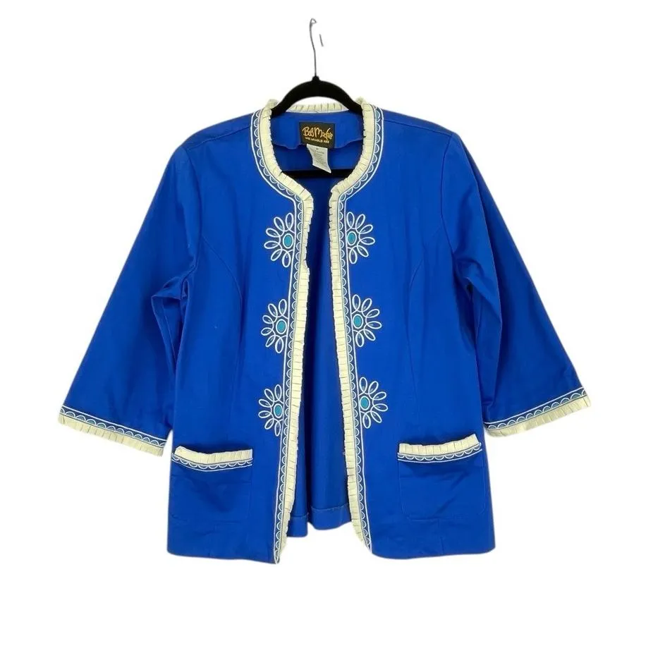 Bob Mackie Wearable Art Womens Blue Embroidered Floral Open Front Jacket Medium - Image 1