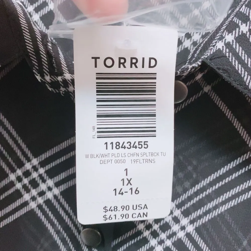 TORRID Plus 1 Chiffon Collared Button-Front Tunic Plaid See Through Shirt Top - Image 7