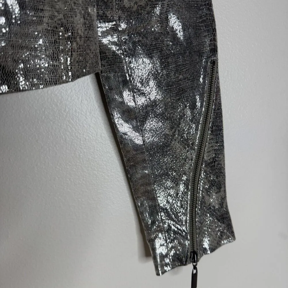 Bebe Jacket Small Silver Cropped Moto Snakeskin Print Metallic Zip y2k disco - Image 6