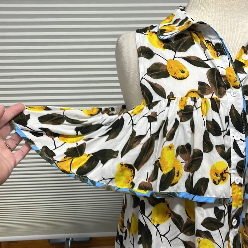 Entro NWT Off White Lemon Print Button Down Open Shoulder Ruffle Top - Image 3