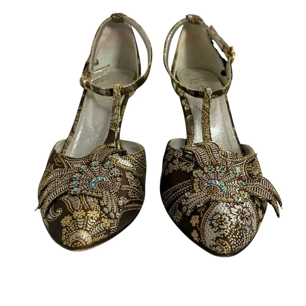 Vintage Y2K Sz 38 Brown Belen Donate Sandals Heels Fairy Fairycore Embroidered Gold - Image 7