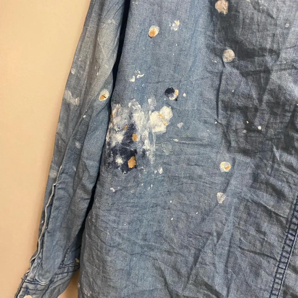 Vintage J Crew Womens Shirt 4 Longsleeve Paint Splatter Blue Chambray Button Up - Image 9