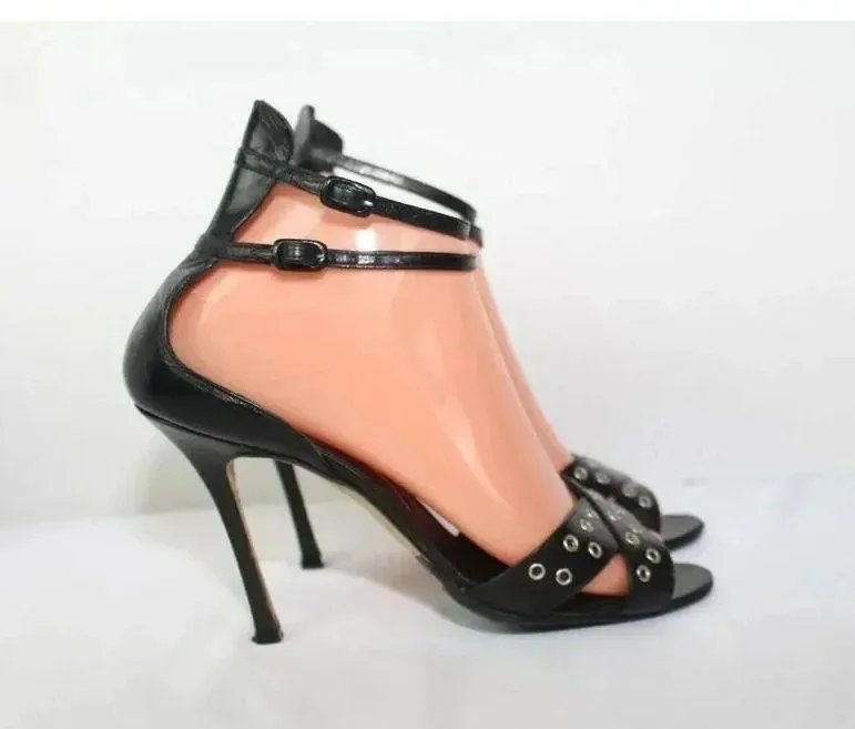 Manolo Blahnik Sz 7.5 37.5 Women Calf Black Leather Heels Carolyne Sling back - Image 5