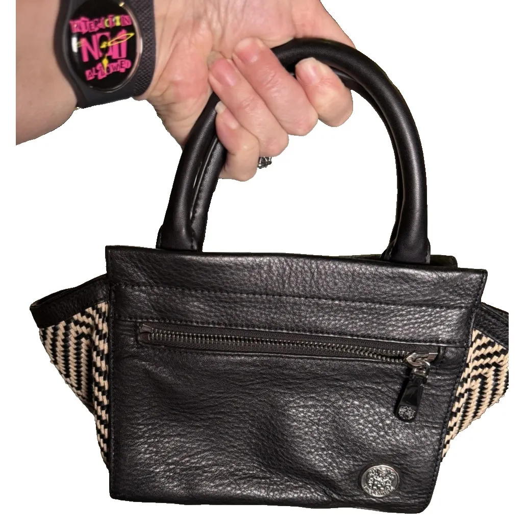 Vince Camuto Satchel Bag Womens Black Chevron Julia purse May Leather Purse Tote - Image 2