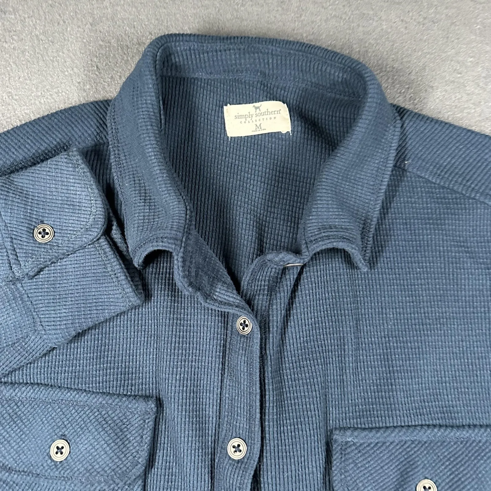 Simply Southern Shirt Womens Medium Blue Waffle Knit Button Up Long Sleeve - Image 4