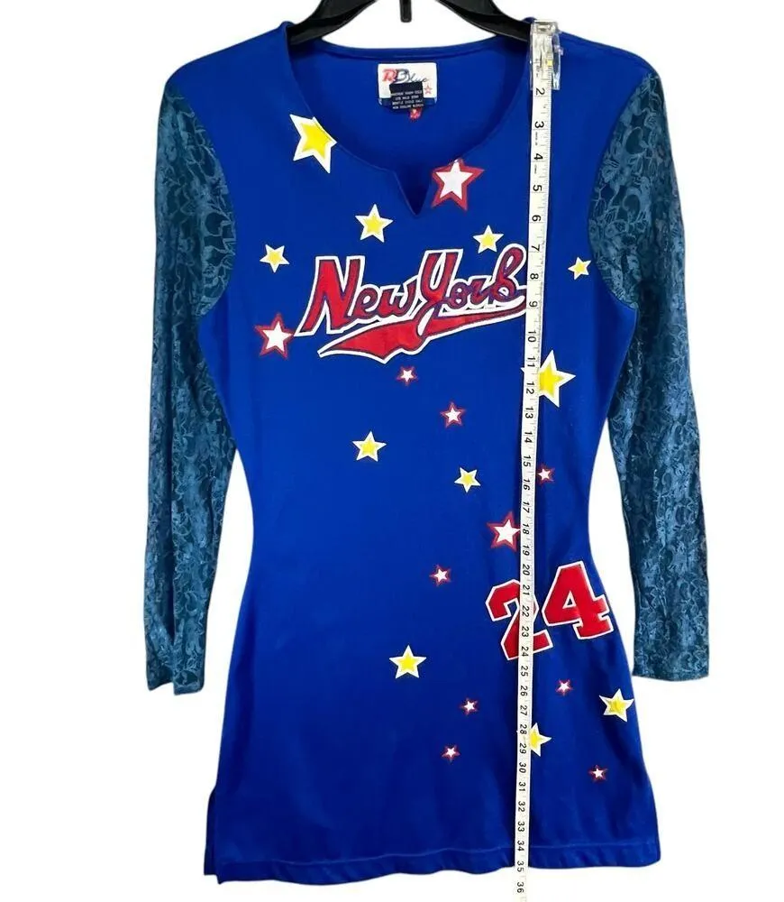 Vintage Raw Blue Jersey Dress L Blue New York Lace Sleeves Sporty Y2K Streetwear Size L - Image 9