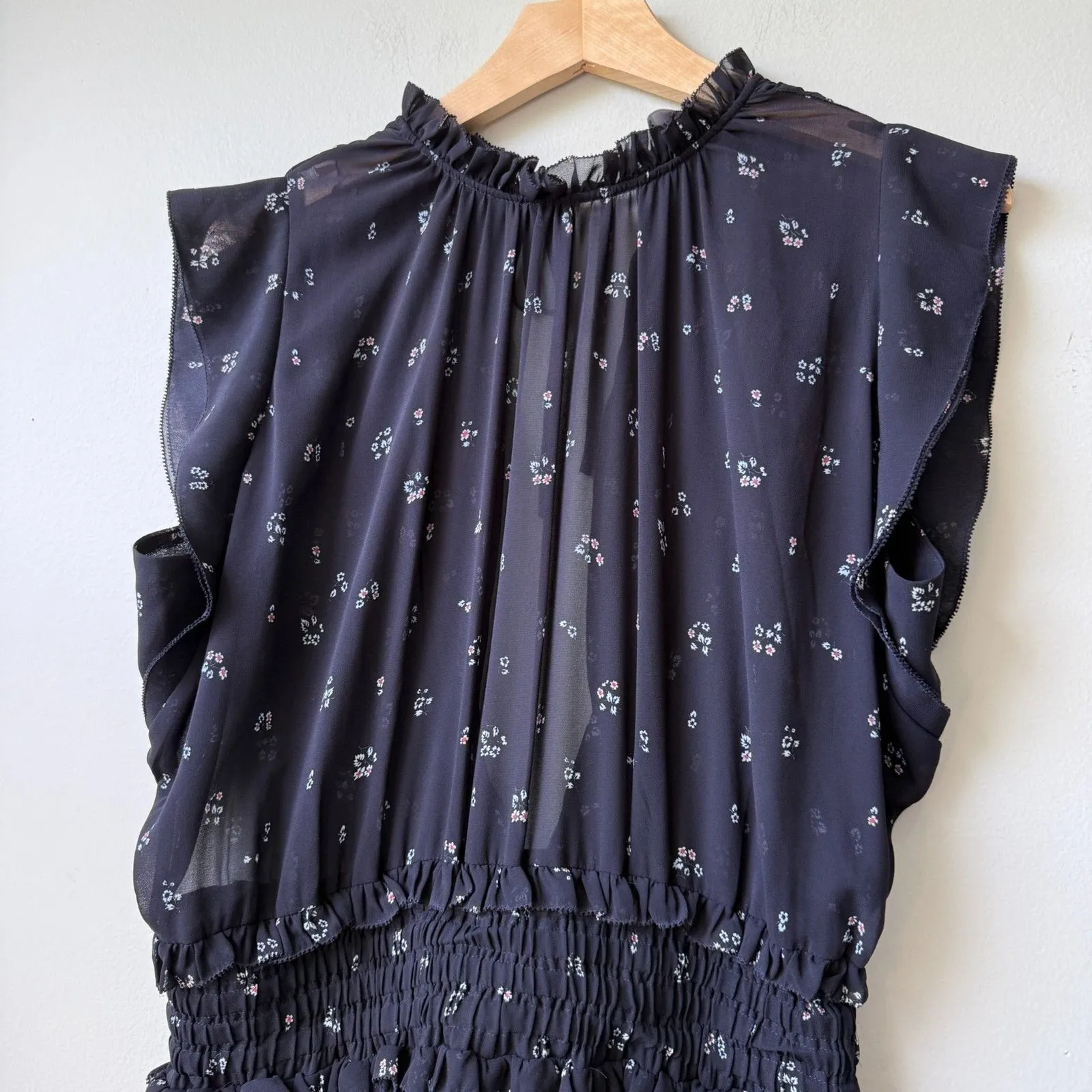 The Kooples size 3 Floral Smocked Dress Cap Sleeve Open Back Black Asymmetrical - Image 4