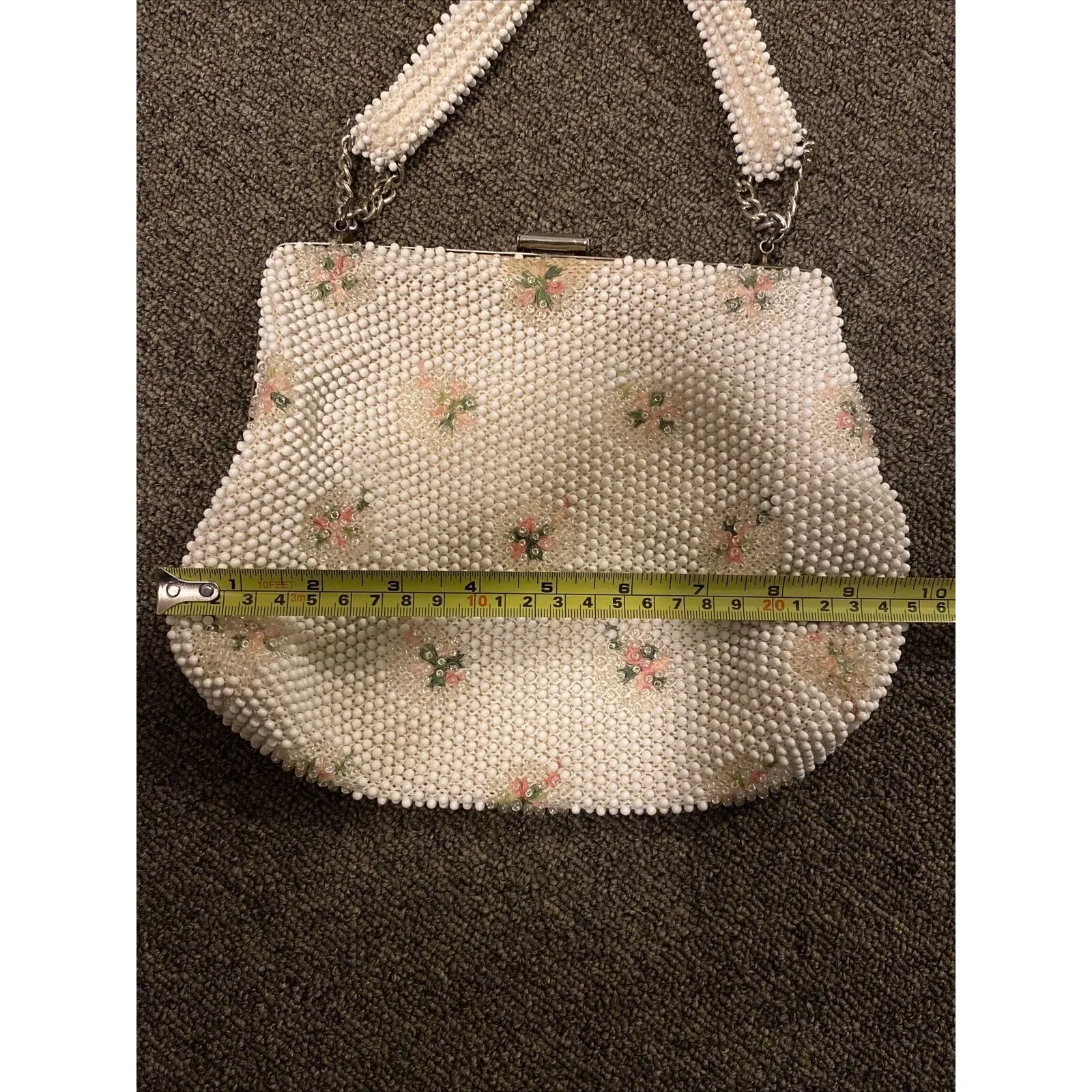 Vintage 1950’s Corde Bead Lumured Ivory Floral Clutch Handbag Purse With Handle - Image 16