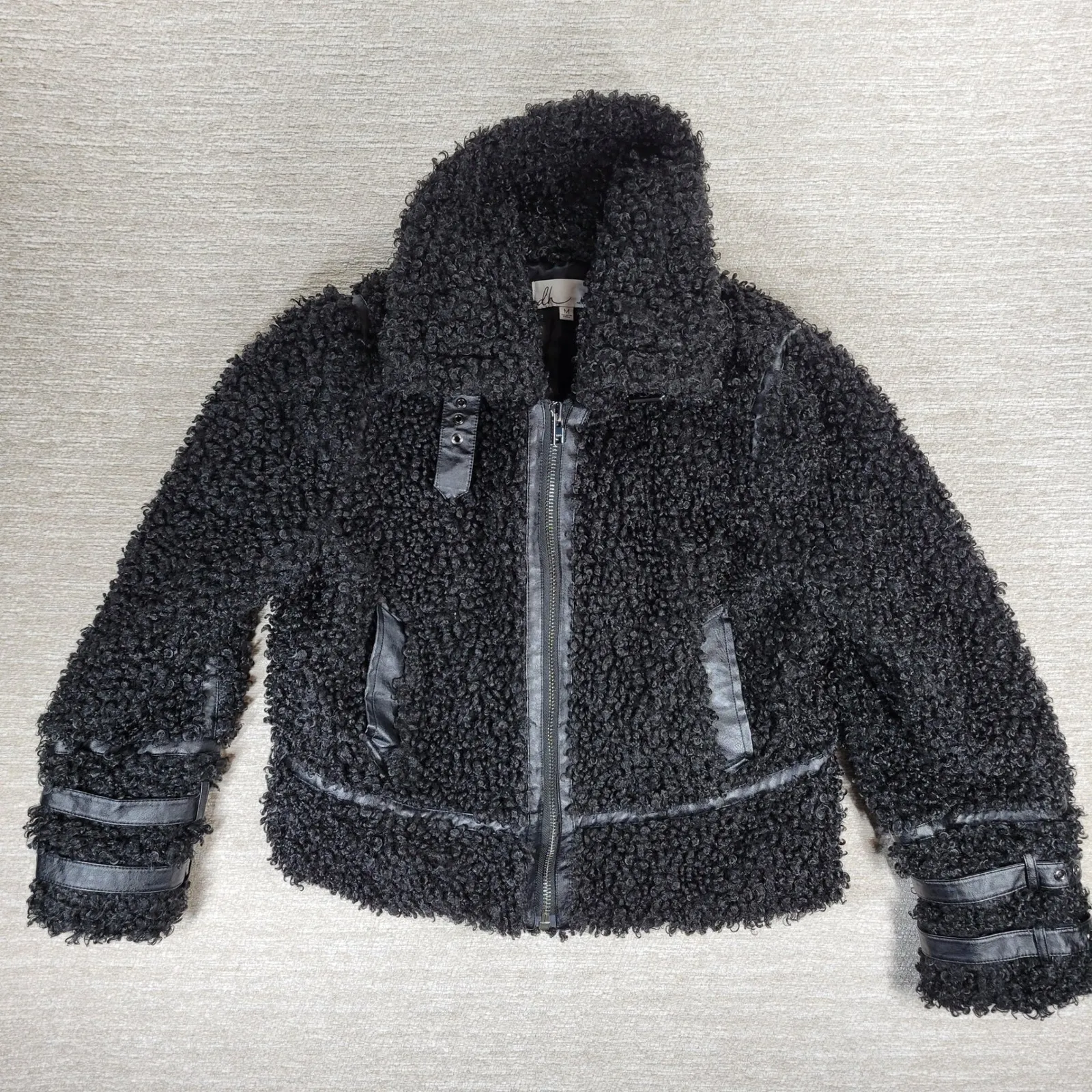 dh NEW YORK Moto Jacket Womens Med Black Curly Faux Fur Leather Trim Buckles - Image 7