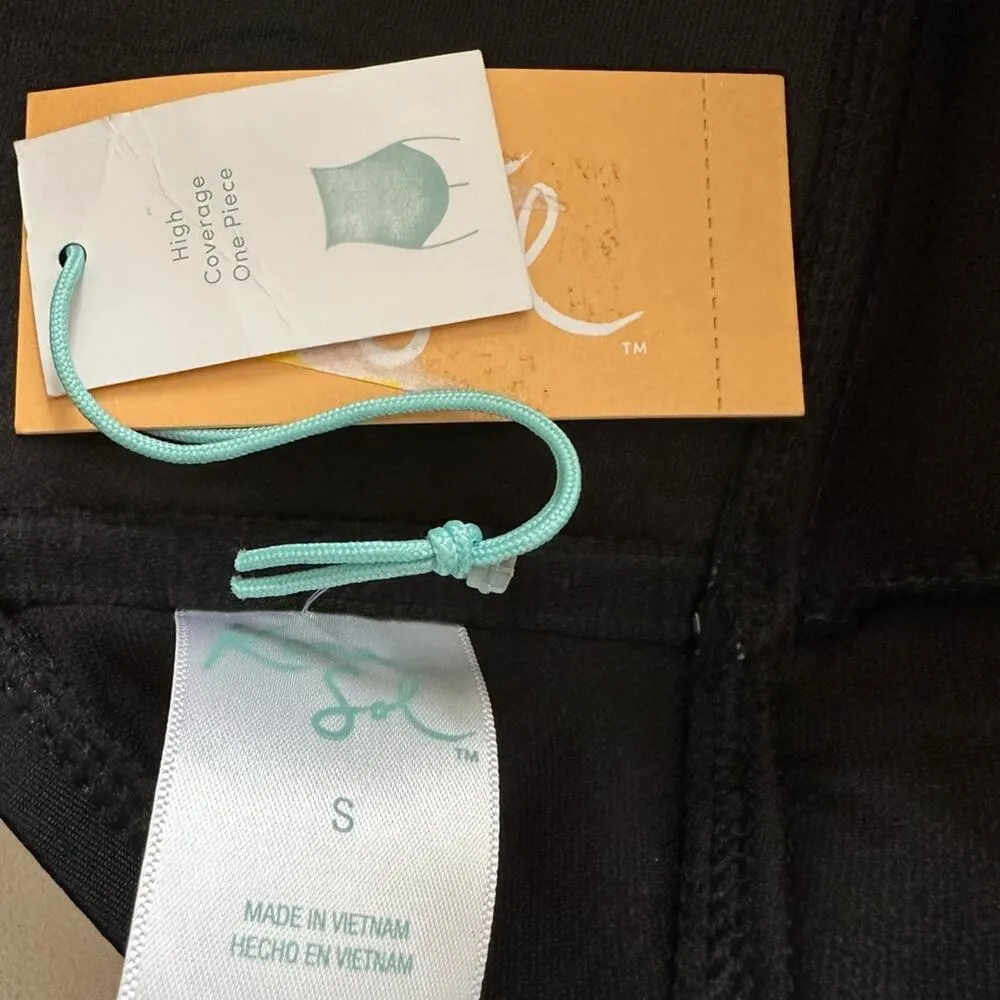 Kona Sol Swimsuit One Piece Black Crochet Flounce Strapless Small NEW - Image 3