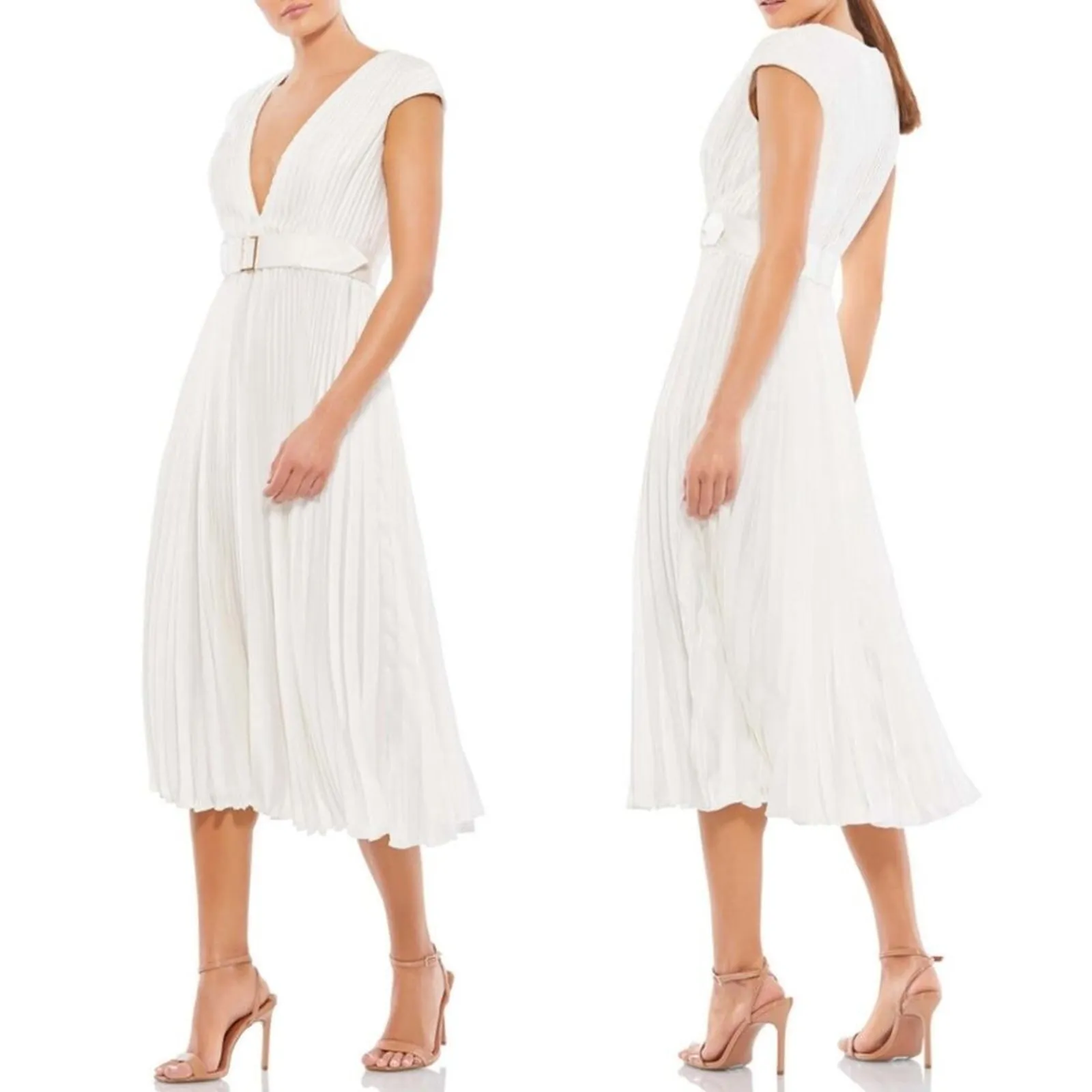 Ieena for Mac Duggal 26483 Pleated Cap Sleeve Belted A-Line White Midi Dress 8 - Image 2