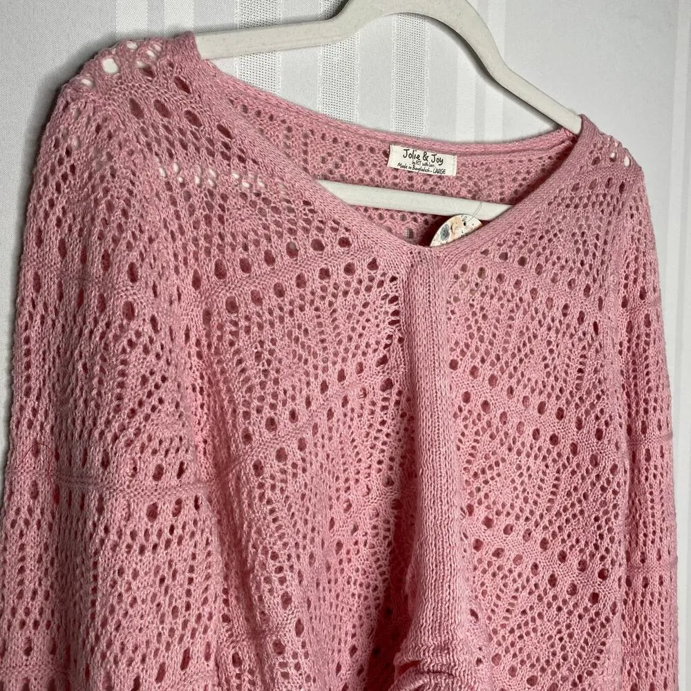 Jolie & Joy Pullover Crochet Knit Long Sleeve Sweater Top Junior's Pink Large Size undefined - Image 3