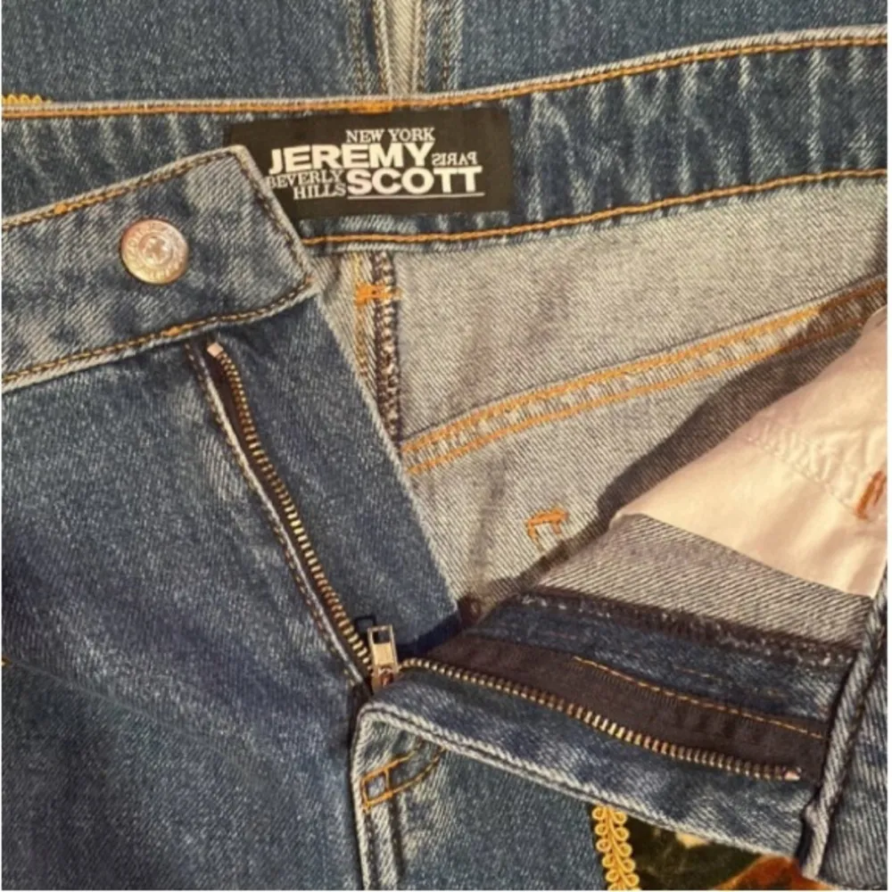 Jeremy Scott Abstract Patched Western Fringe Denim Pencil Skirt Size 4 NEW $705 Blue - Image 8