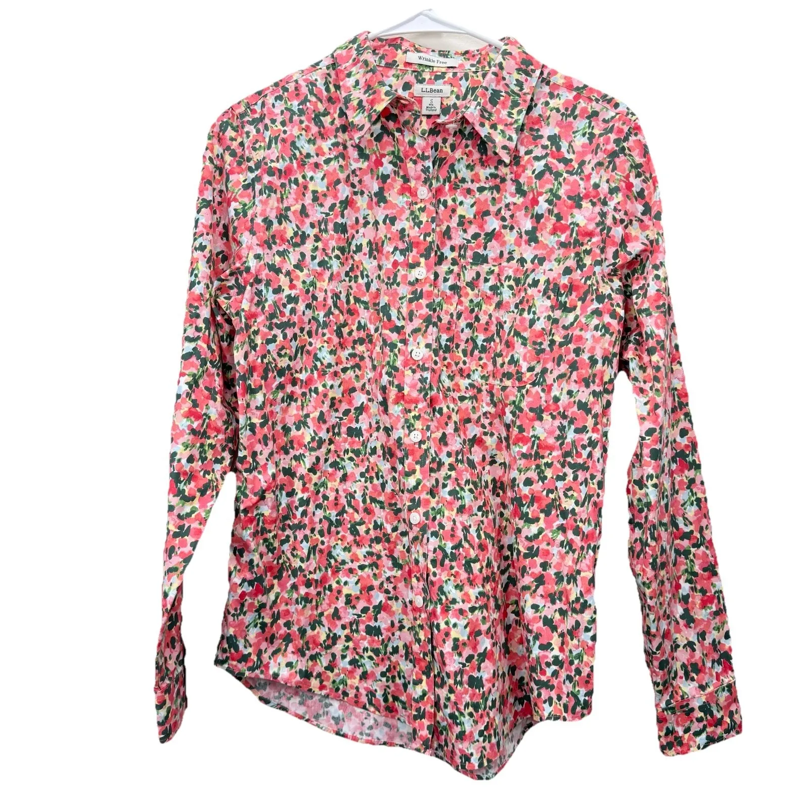 LL Bean Floral Wrinkle Free Pinpoint Oxford Long Sleeve Button Shirt Size SMALL Pink - Image 3