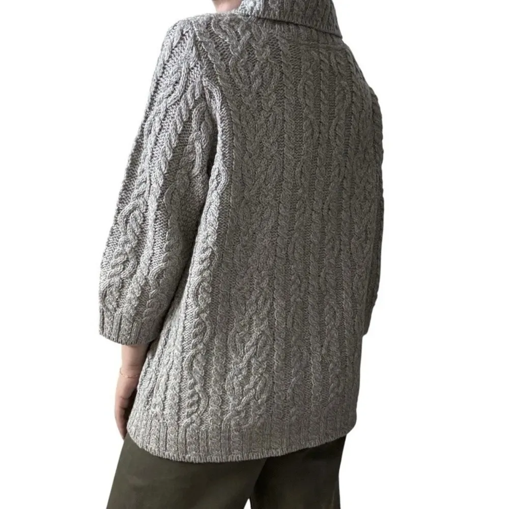 Aran Crafts Gray Wool 3/4 Sleeve Pockets Button Up Cable Cardigan Sweater MEDIUM - Image 4